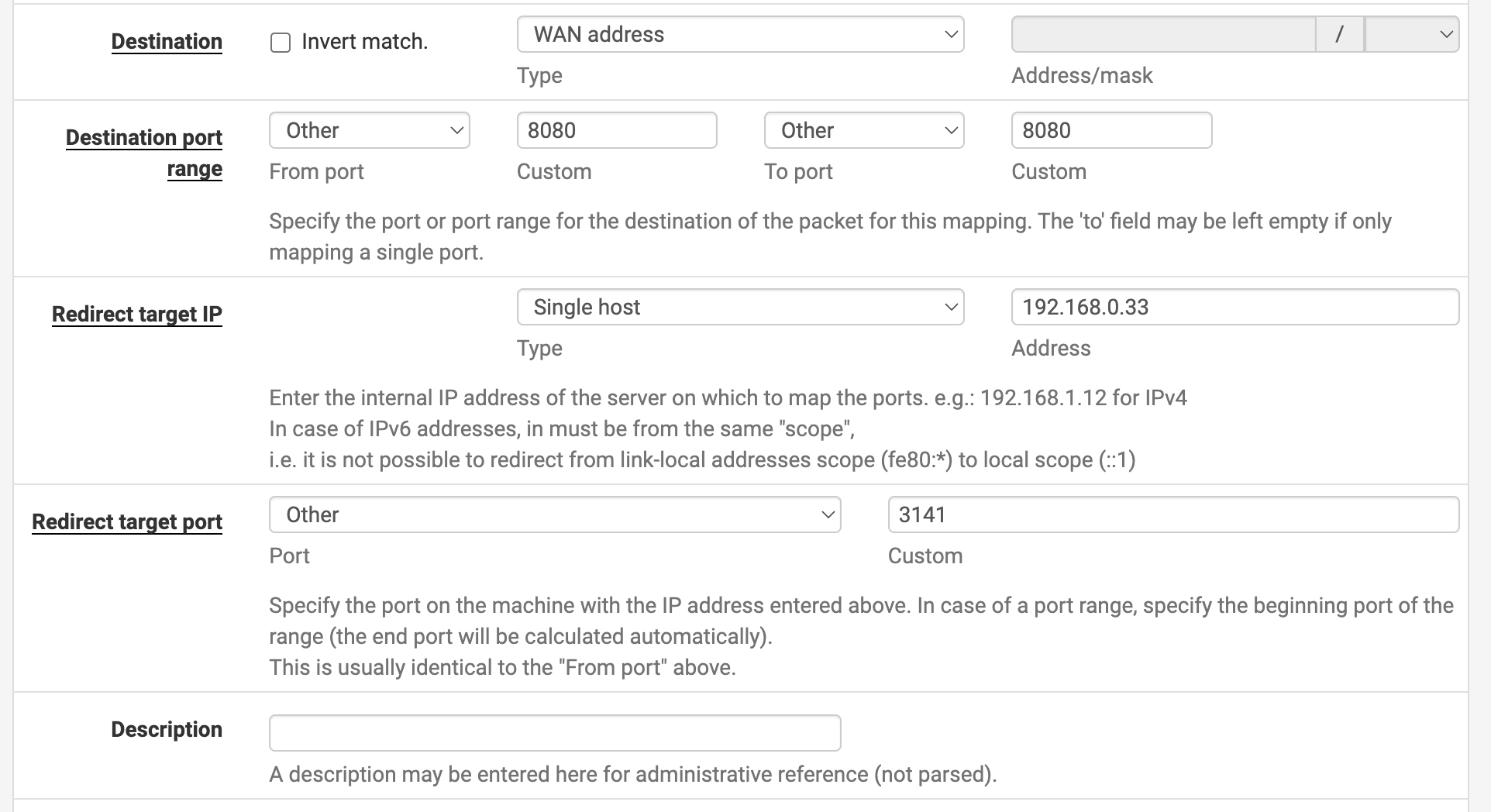 pfsense 포트포워딩 설정화면